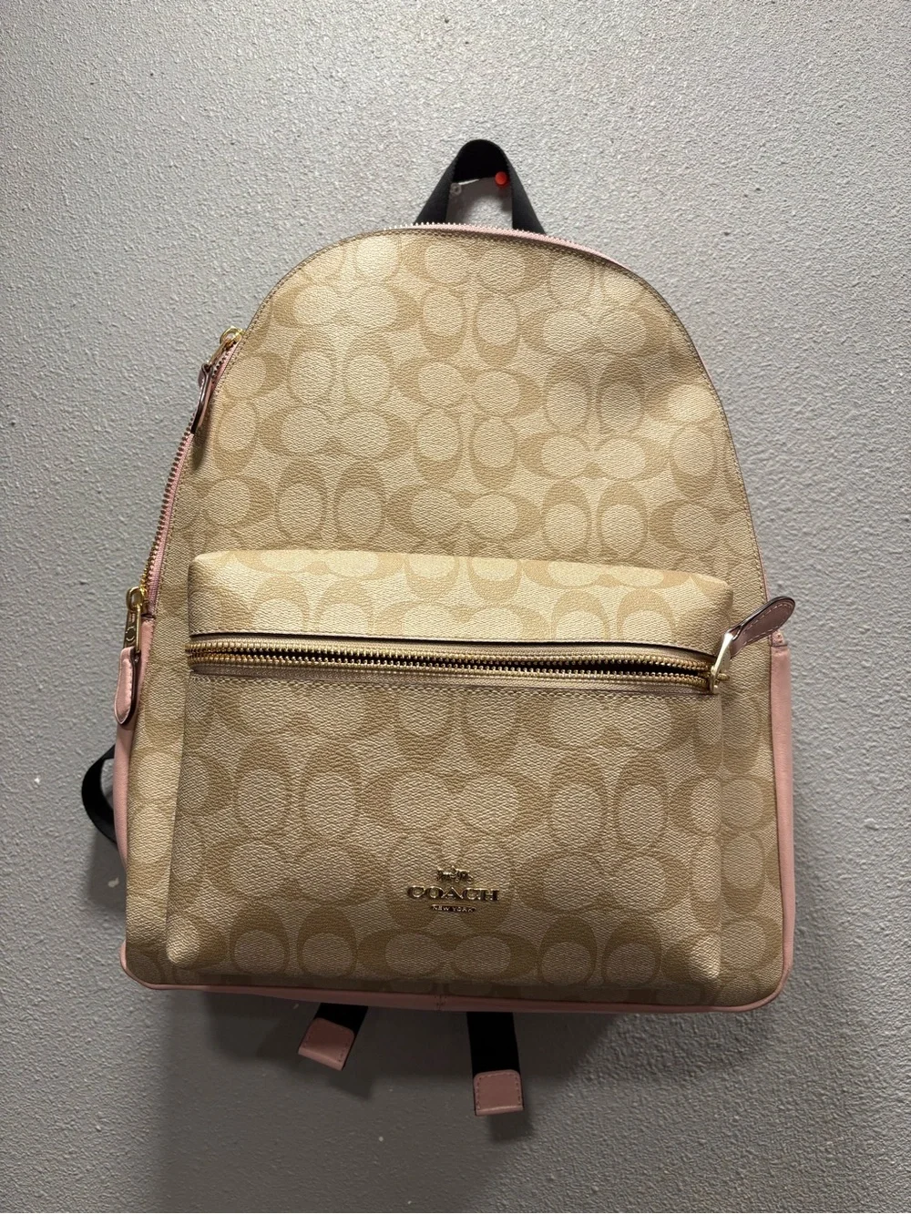 Coach Beige Signature Canvas Backpack with Pink Trim
